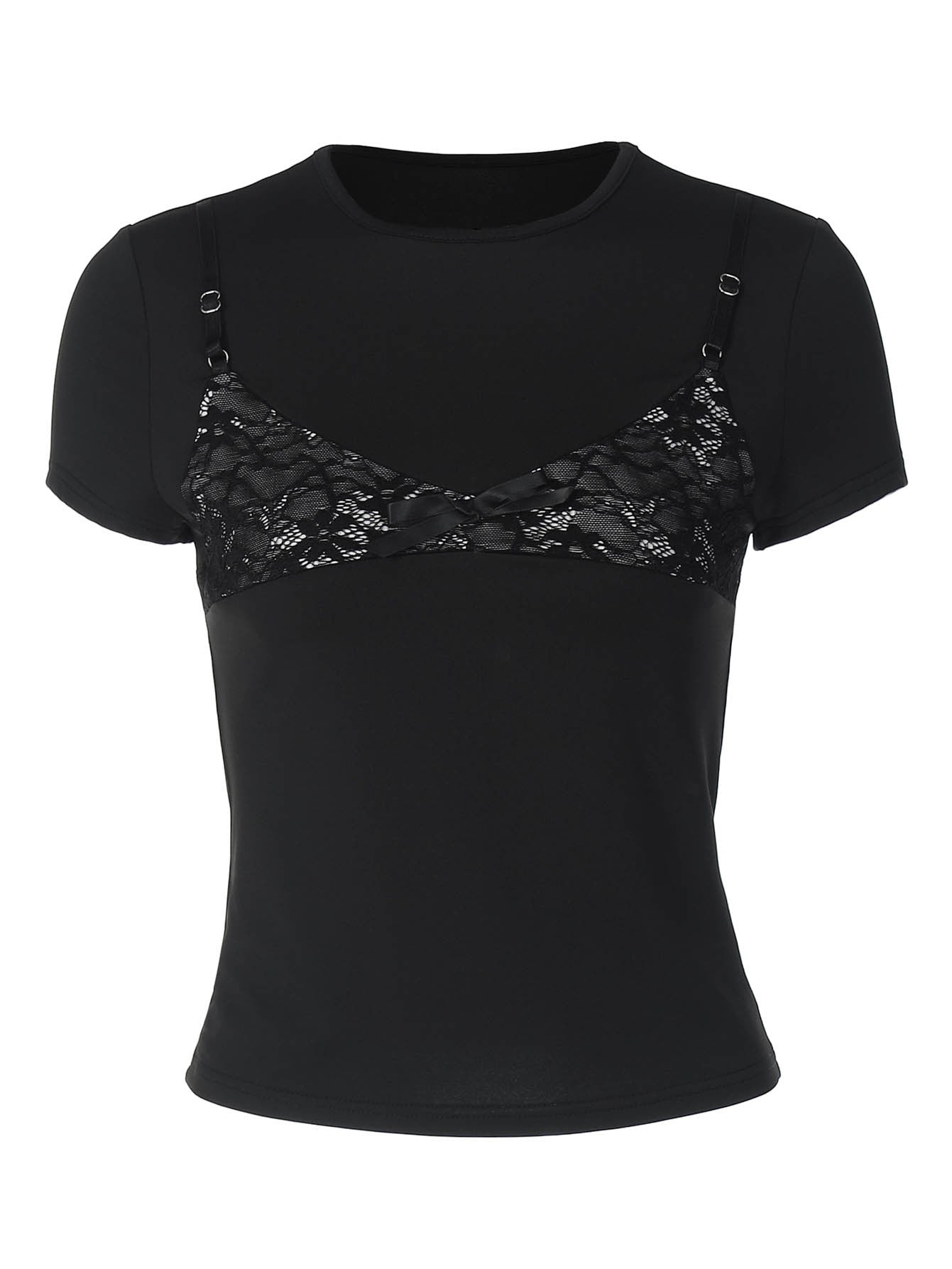 Women's Black Lace Layered T-Shirt – Faux Lace Bralette Detail Short Sleeve Crop Top - Image 5