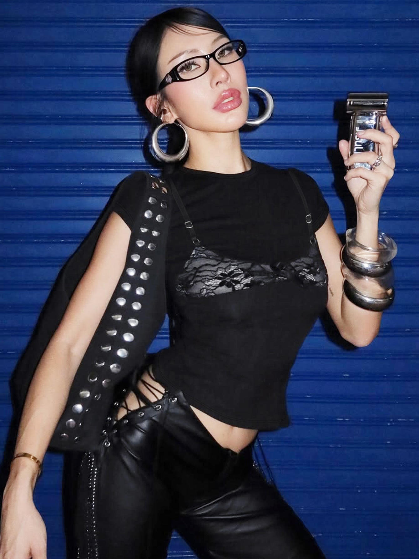 Women's Black Lace Layered T-Shirt – Faux Lace Bralette Detail Short Sleeve Crop Top - Image 2